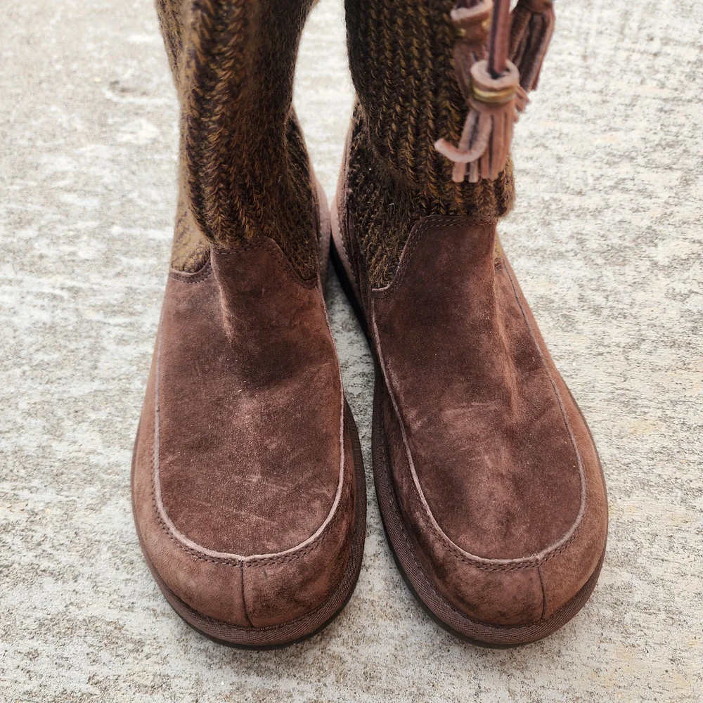 UGG Suburb Crochet Knit Tall Boots Women Size 8, Brown Leather‎ Sheepskin